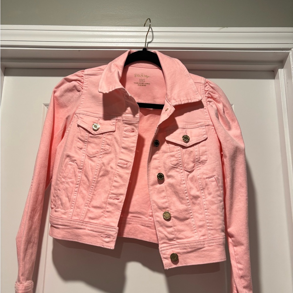Lilly Pulitzer Laylani Denim Jacket Calla Pink Gold Buttons Size XXSmall NWT